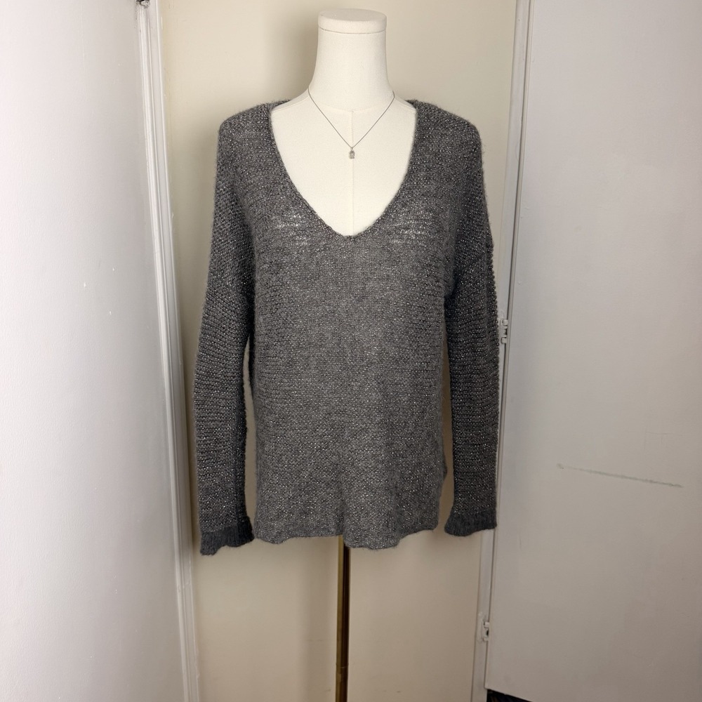 Eileen Fisher Alpaca Wool Blend Metallic Silver V-Neck Sweater Womens Sz M